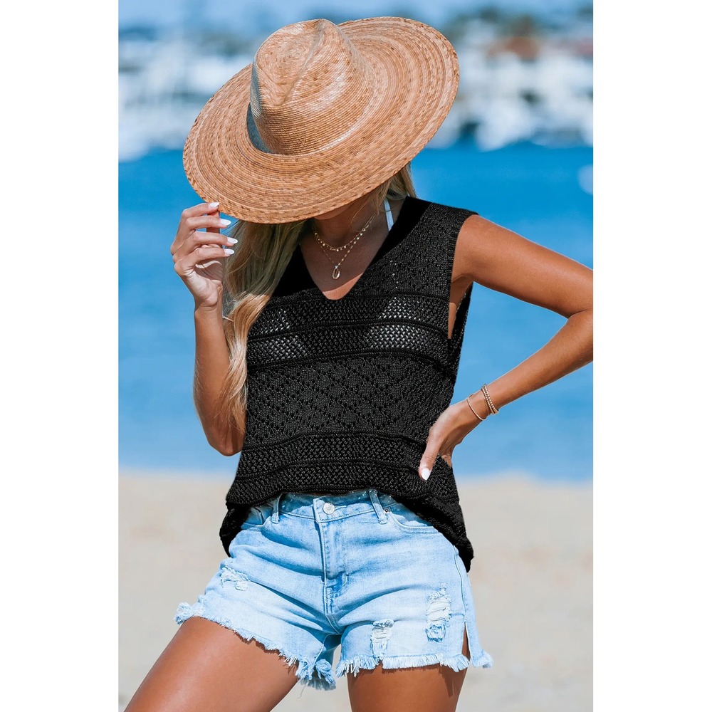 Cupshe Black Crochet Knit‎ V-Neck Tank Top Cover Up Small